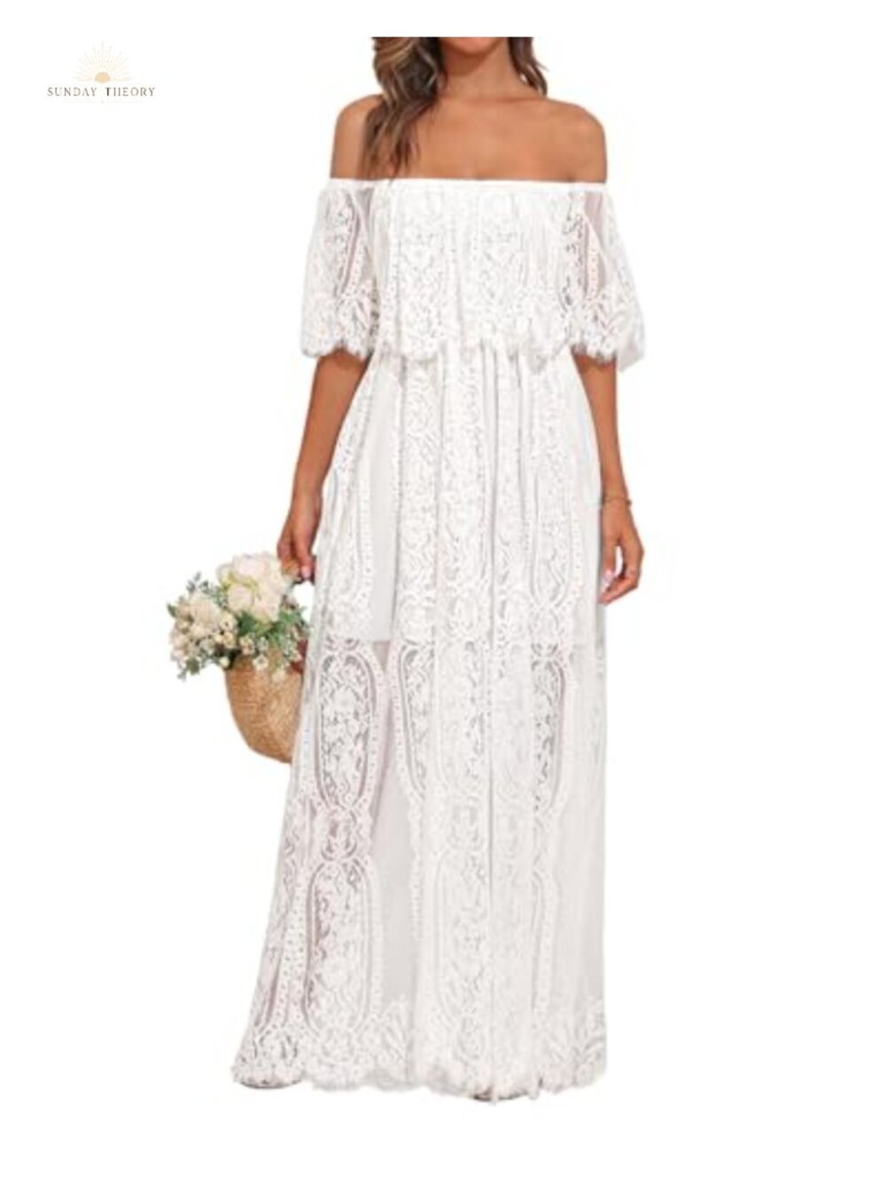 Off Shoulder Lace Maxi Dress Boho Wedding Guest Beach Dress
